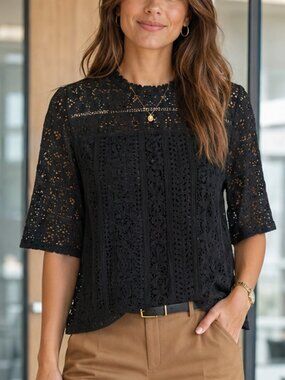 LOFT Black Mixed Lace Mock Neck Blouse Short Sleeve Size Small
